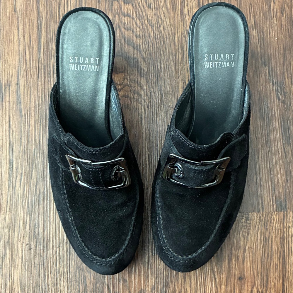 Stuart Weitzman Black Suede Studded Platform Heel Clog Mules Size 8.5